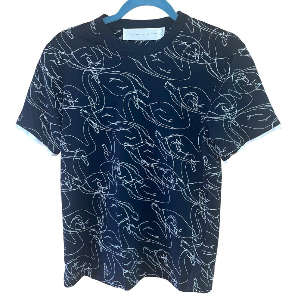Victoria Beckham Womens Tee Shirt Size Small Black Scribble Swan Embroidered